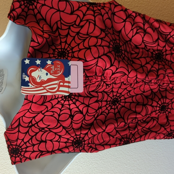 Pinup Couture Aurora Dress in Red with Flocked Black Spider Web - Picture 6 of 7